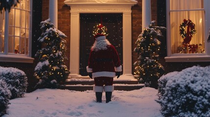 Santa Claus standing in the snow outside a beautifully decorated home, getting ready to deliver gifts down the chimney.