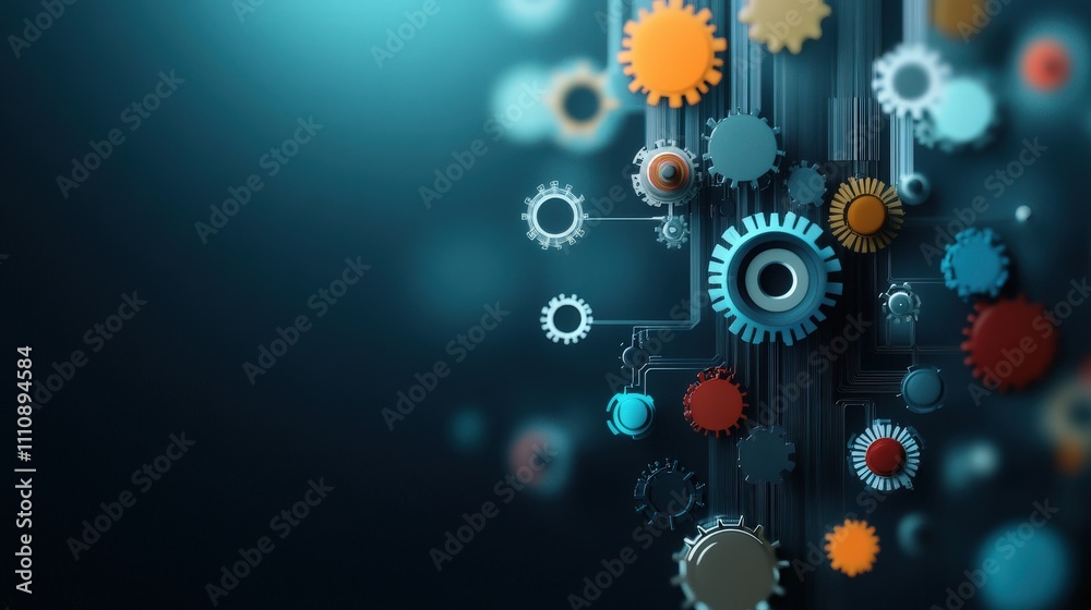 Aufkleber Abstract representation of colorful gears and cogs interconnected through circuitry on a dark background, symbolizing engineering, technology, and innovation in motion and design