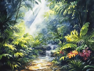 Obraz premium Create Rainforest Serenity in a dreamy watercolor style Highlight the interplay of transpiration, water, and humidity in a lush, tilted composition