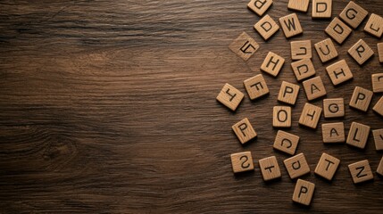 Wooden letter tiles scattered on a rustic wooden surface