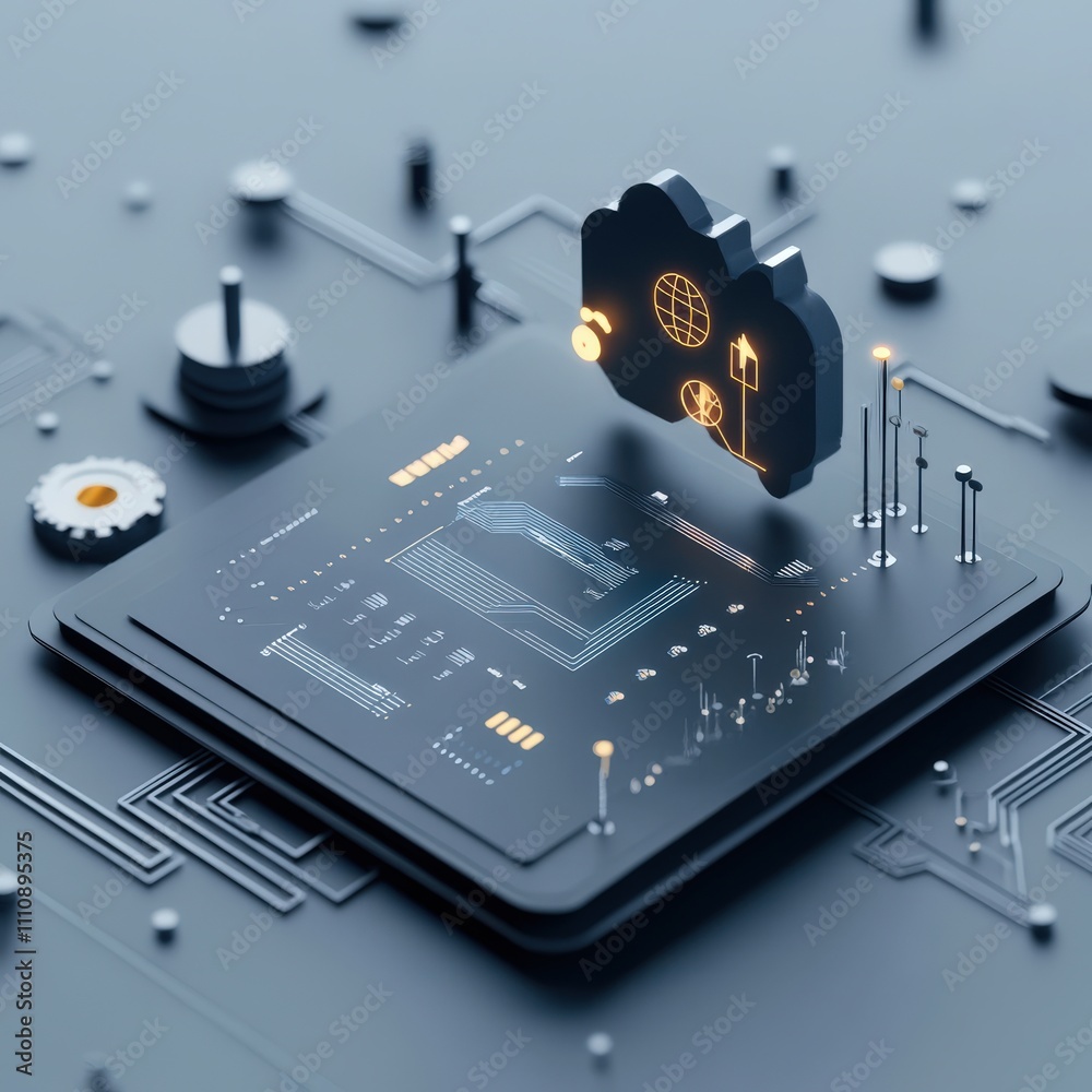 Aufkleber Abstract digital technology composition with data visualization, cloud computing icons, and interconnected circuits showcasing the future of information processing
