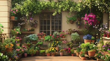 Fototapeta premium Vibrant flower garden on a sunny deck with terracotta pots, climbing plants, and a window.
