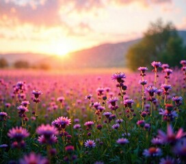 Obraz premium A vibrant purple aster field bathed in the colors of sunrise with soft focus background, , botanical garden, sunrise colors