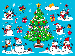 A playful Christmas-themed doodle featuring a decorated tree with ornaments and lights, cheerful snowmen, drifting snowflakes, candy canes, and wrapped gifts. Festive Wonderland