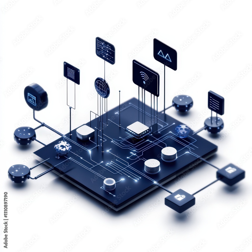 Poster abstract representation of digital technology with circuit board, social media icons, and data conne