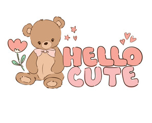 Vector teddy bear and pink bow, hand drawn illustration cute print design for kids