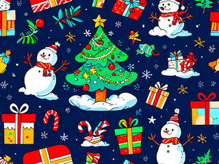 A playful Christmas-themed doodle featuring a decorated tree with ornaments and lights, cheerful snowmen, drifting snowflakes, candy canes, and wrapped gifts. hristmas Tree Dreams