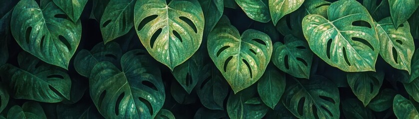 Illustrate a close-up of a flourishing Monstera plant, emphasizing its intricate growth patterns and vibrant green leaves in a detailed watercolor rendition