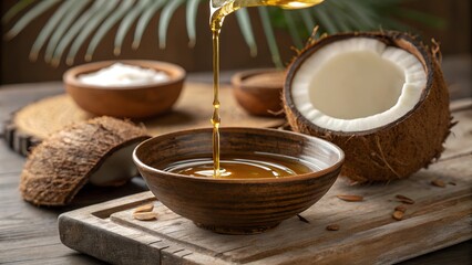Coconut oil pouring into a wooden bowl with fresh coconuts.