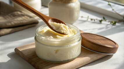 Shea butter cream in a jar with a wooden spoon on a tray.