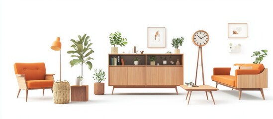 Mid-century modern living room interior design with orange furniture, wooden cabinet, plants and clock.
