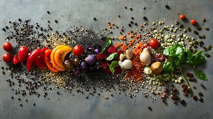 A balanced spread of vegetables seeds and superfoods in a harmonious composition