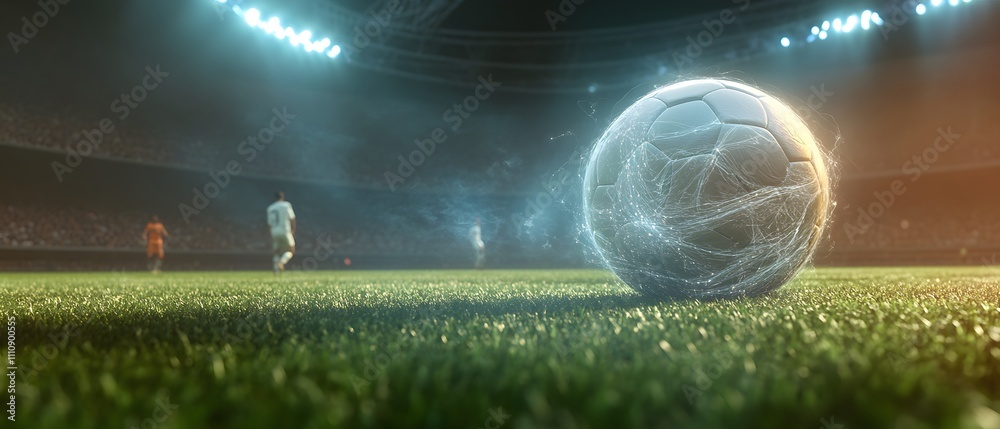 Poster Dynamic Soccer Ball in Focus on the Field with Players Blurred in Background during Intense Match in Stadium Lighting, Representing Sport and Competition