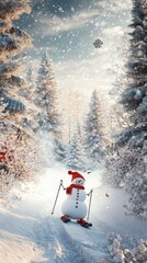 Charming snowman skiing through a winter wonderland with snowy trees and gentle snowfall during a serene afternoon