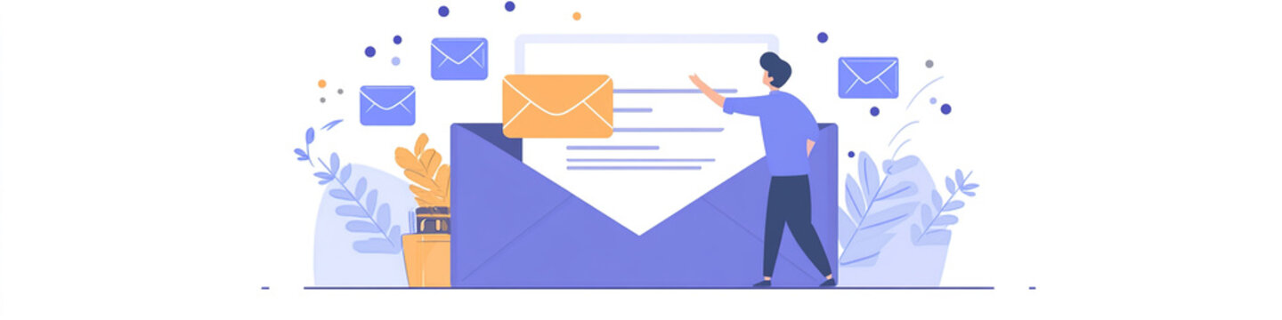  Background Illustrating Email Campaign Alert Concepts with New Business Email Notifications, Emphasizing Digital Marketing and Internet Technologies, Showcasing a Male Contact Receiving Email Invitat