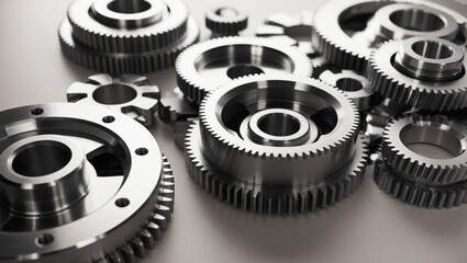 Teamwork mechanism in business, silver spinning gears