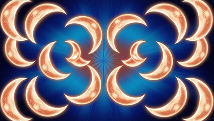 Symmetrical mirrored image of crescent moons on a blue background