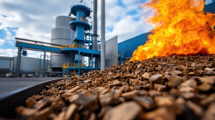 A vibrant industrial scene showing a large flame, wood piles, and machinery, indicating a biomass energy facility.