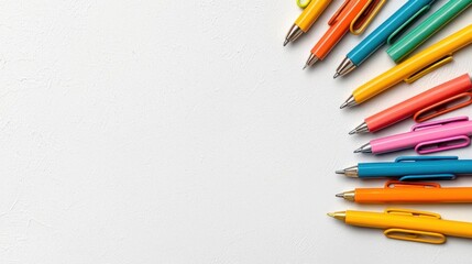 Obraz premium A photostock of colorful paper clips and stationery arranged on a clean white background with a pastel gradient overlay. High Quality