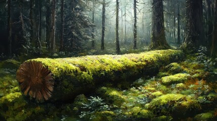 Lush Moss Covered Log in Enchanted Forest, Emphasizing Natures Resilience in Oil Painting, Rich Texture and Depth