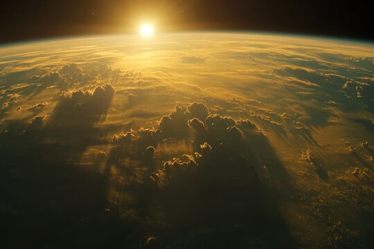 A breathtaking view of Earth from space at sunrise, highlighting clouds and atmospheric layers.