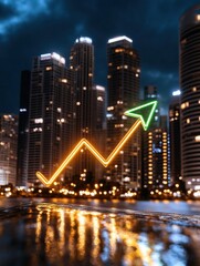 Obraz premium A vibrant city skyline at night with a glowing upward trend arrow, symbolizing growth and success in business or finance.