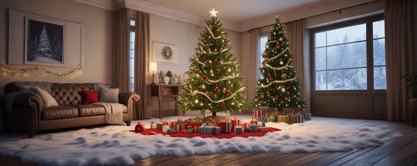 Obraz premium Christmas tree with ornaments and lights in a room filled with snow, decorations, winter, christmas tree