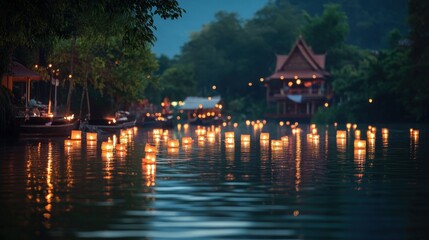 Fototapeta premium The reflection of glowing and paper lanterns on a calm river, capturing the beauty and serenity of Krathong