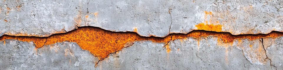 Fototapeta premium Close-up of cracked concrete wall revealing rust underneath, showcasing texture and aging.