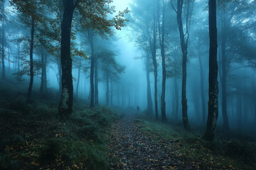 Fototapeta premium Solitary Figure Walking Misty Forest Path