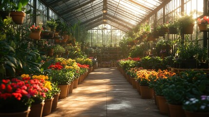 A vibrant greenhouse filled with colorful flowers and lush plants, illuminated by sunlight.