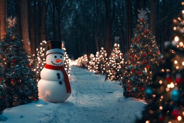 Fototapeta premium Enchanting winter pathway adorned with glowing lights and a joyful snowman welcoming the festive season surrounded by shimmering Christmas trees