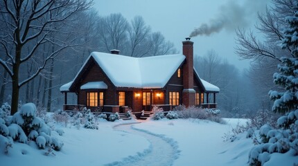 Cozy Cottage in Snowy Winter Landscape