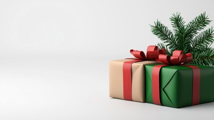 Obraz premium A photostock of festive red and green Christmas wrapping paper and ribbons on a clean white background. High Quality