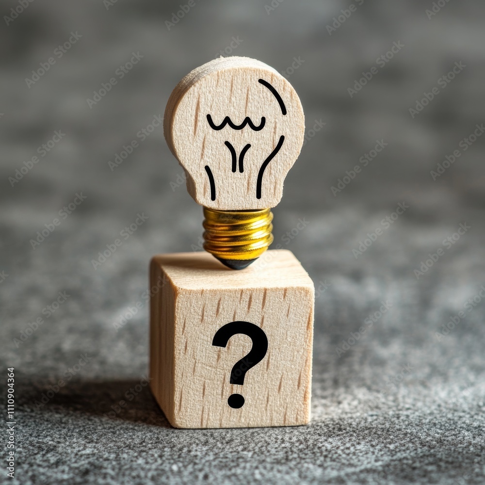Poster Conceptual of creative idea and innovation. Hand picked wooden cube block with head human symbol and light bulb icon and question mark symbol