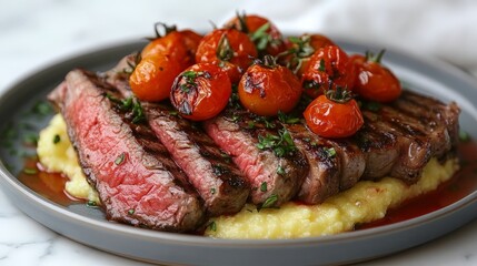 A delicious plate of grilled steak with cherry tomatoes on creamy polenta.