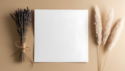 Blank Square Paper Mockup with Dried Lavender and Pampas Grass