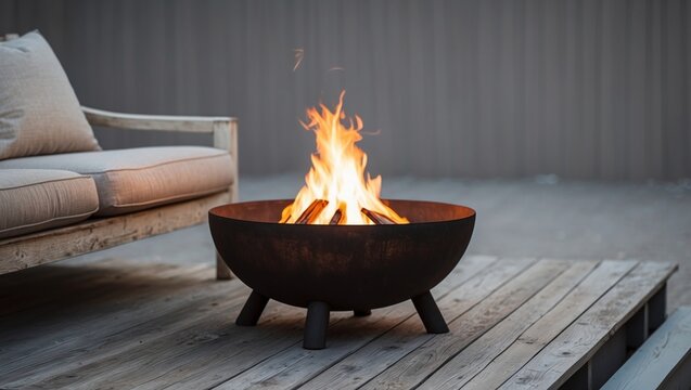 A fire pit sitting on top of a wooden deck next to a couch.