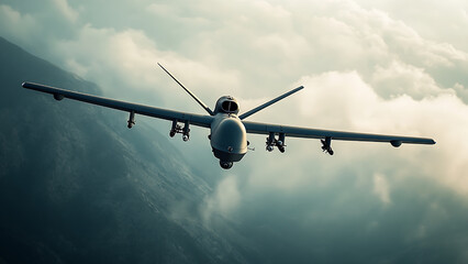 A military drone is flying high above dramatic clouds at sunset.
