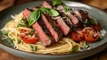 A delicious plate of steak over pasta with tomatoes and basil, showcasing gourmet cooking.