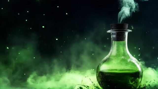 A mysterious green potion in a glass bottle emits smoke and sparkles, creating an enchanting and magical atmosphere. Perfect for fantasy and Halloween projects.. AI Generation