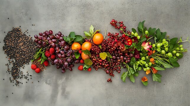 A fresh and vibrant selection of grains fruits and greens on concrete