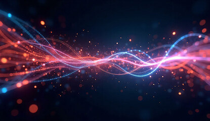 Optical data concept depicted by abstract glowing lines on a dark background. The high speed, vast capacity data transmission enabled by optical fiber technology in today's digital age