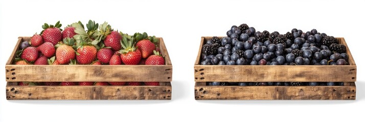 Rustic Wooden Fruit Crate Filled with Fresh Organic Berries on Transparent Background, Front and Side View