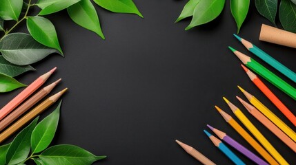 A photostock of a blank chalkboard surrounded by colorful stationery and pencils, styled for back-to-school themes. High Quality