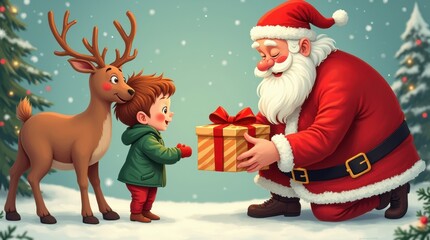Child Meeting Santa and Reindeer at Holiday Event