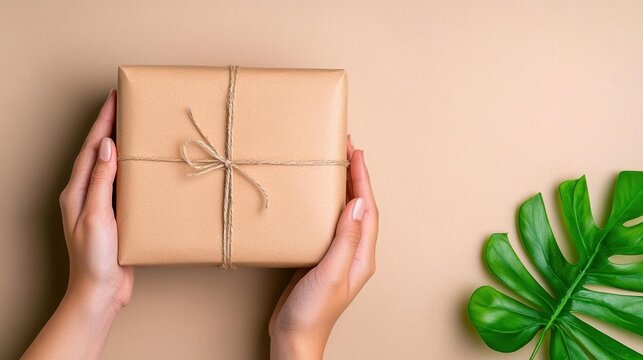 A photostock of hands presenting a neatly wrapped craft paper package tied with twine against a soft beige background. High Quality