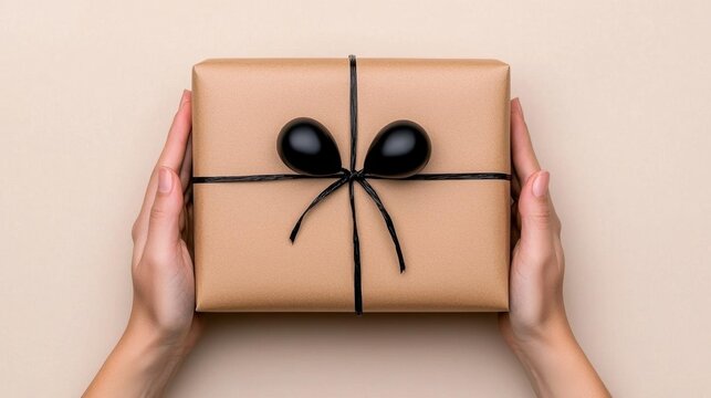 A photostock of hands presenting a neatly wrapped craft paper package tied with twine against a soft beige background. High Quality