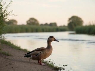 A duck standing near the edge of a serene river.