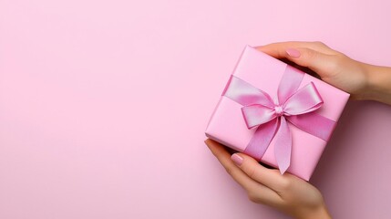 A photostock of hands tying a pink satin bow around a neatly wrapped gift box placed on a pastel pink background for a romantic vibe. High Quality